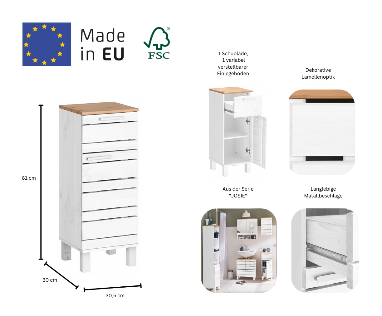 Home affaire Unterschrank »JOSIE« Breite 30,5 cm, aus Massivholz, verstellbarer Einlegeboden