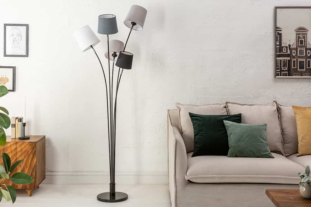 Design Stehlampe LEVELS 176cm schwarz grau mit 5 Leinenschirmen