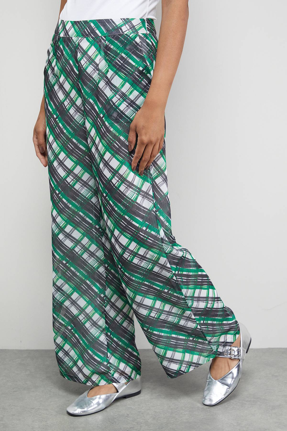 Warehouse Pantalon Tony en Mousseline à Taille Mi-Haute et Jambes Palazzo