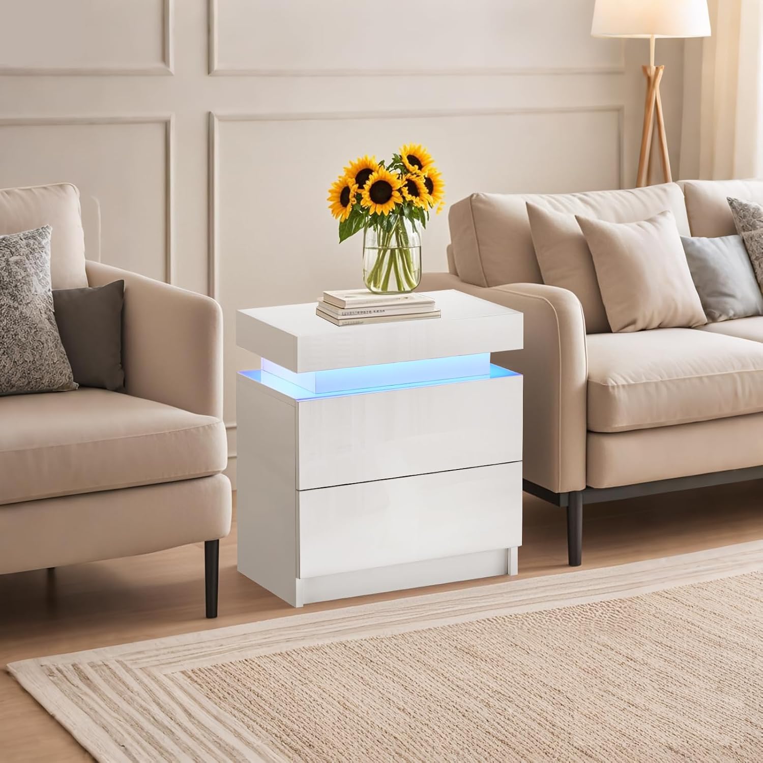 TUKAILAI 2X Nachttisch Weiß mit RGB Led Licht 2 Schubladen Nachtschrank Holz Beistelltisch Organizer Einheit Nachtkonsole Nachtkommode für Schlafzimmer Wohnzimmer