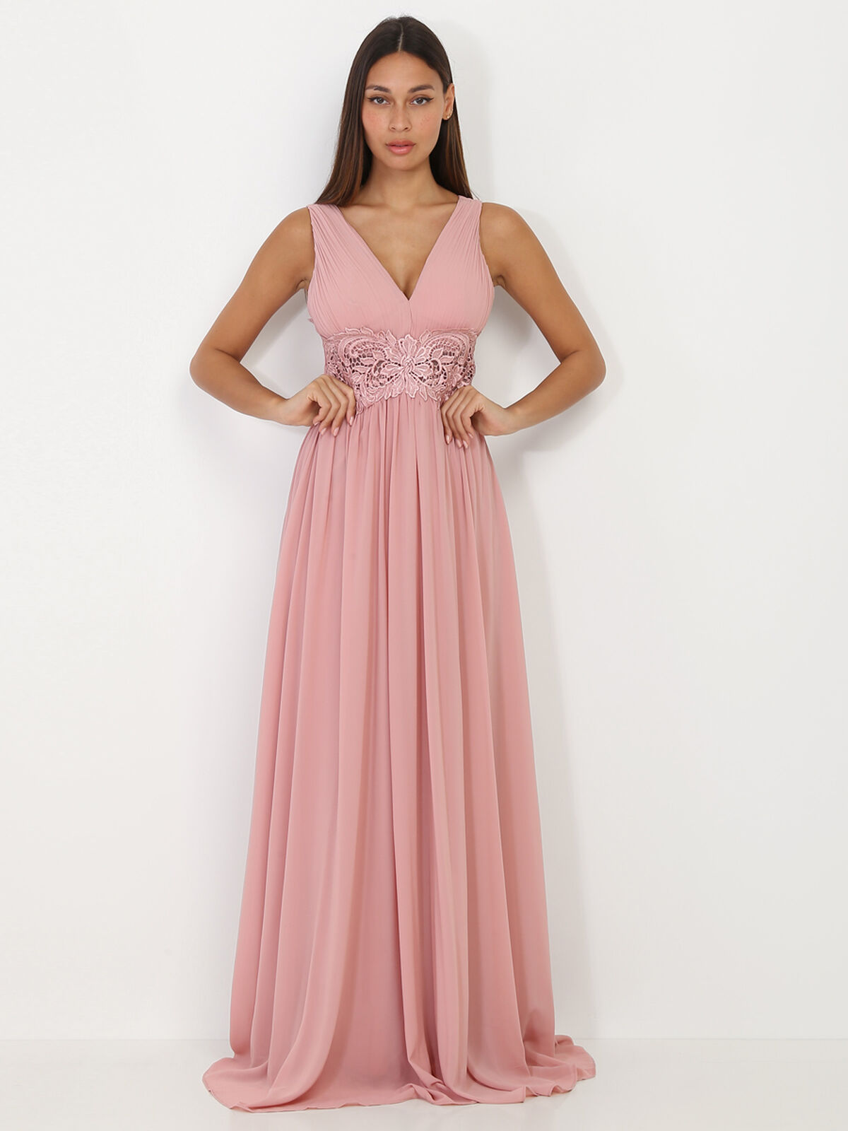 Robe longue à buste drapé et dentelle- Vieux rose