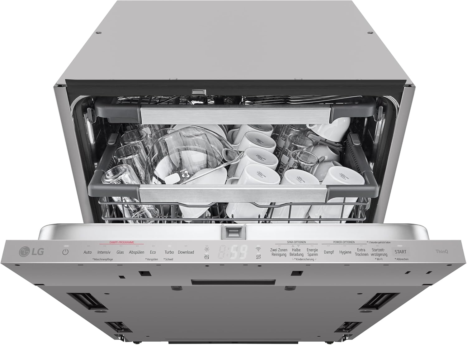 LG DB597TXS, Energieklasse A -20%, vollintegrierbarer Geschirrspüler, Spülmaschine mit Besteckschublade, automatische Türöffnung bei Trocknung, Dampfreinigung, besonders leise, Silber