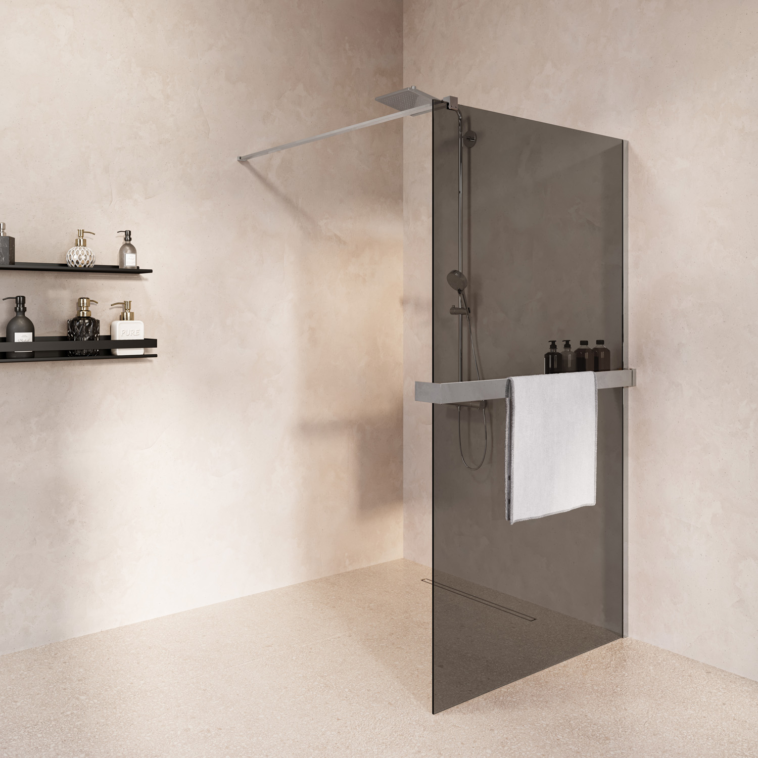 Saniclear Metric inloopdouche 100cm met handdoekhouder en rookglas chroom