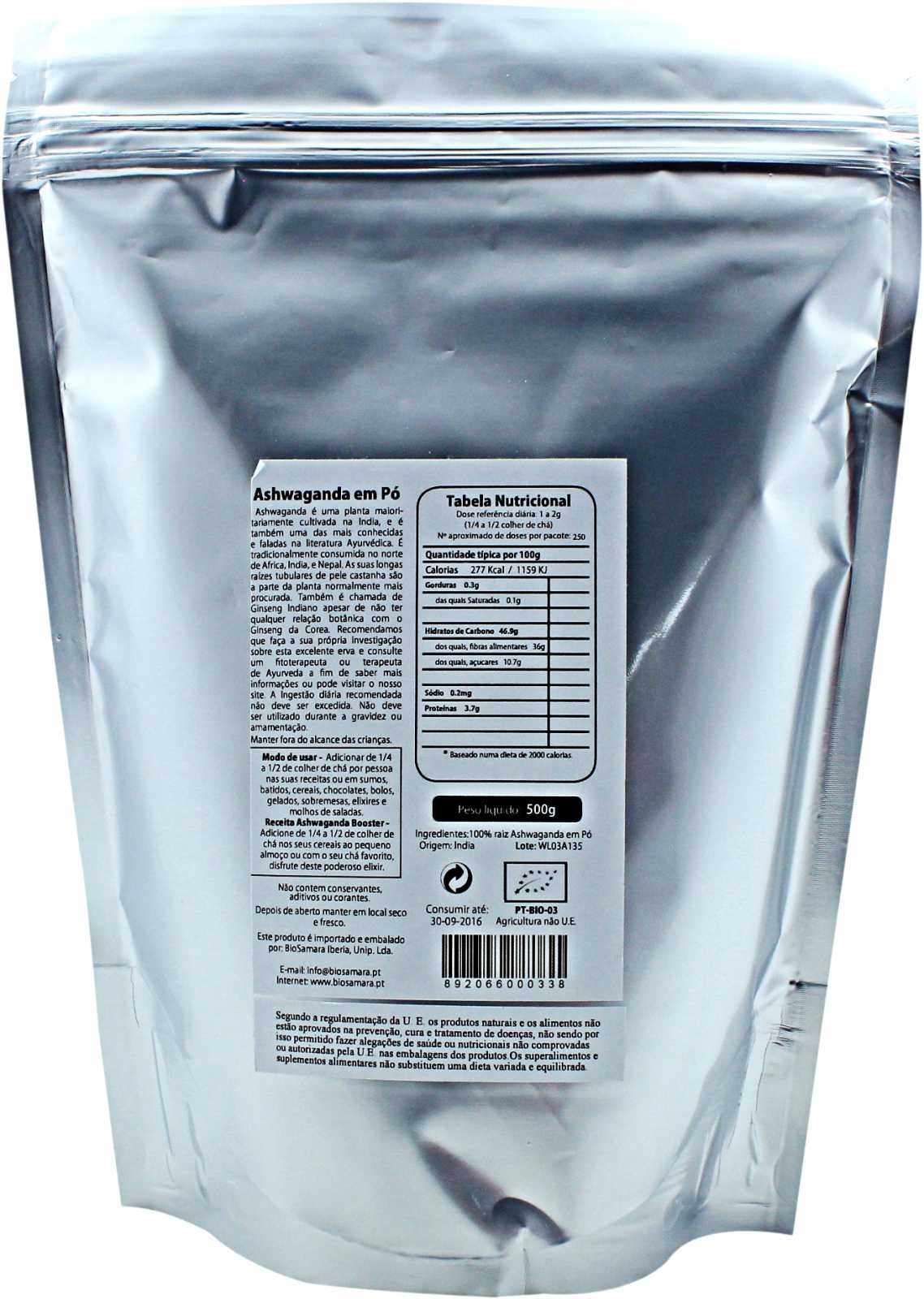 Pó de raiz de Ashwagandha Biosamara 250g