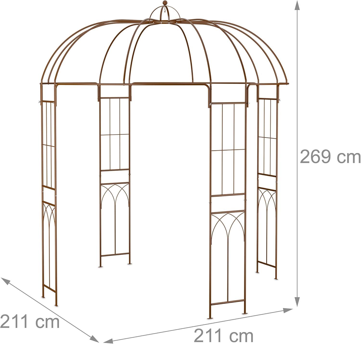 Relaxdays Rosenpavillon Metall, HBT 269 x 211 x 211 cm, Rankhilfe Kletterpflanzen, Garten, Rankpavillon mit Haken, braun