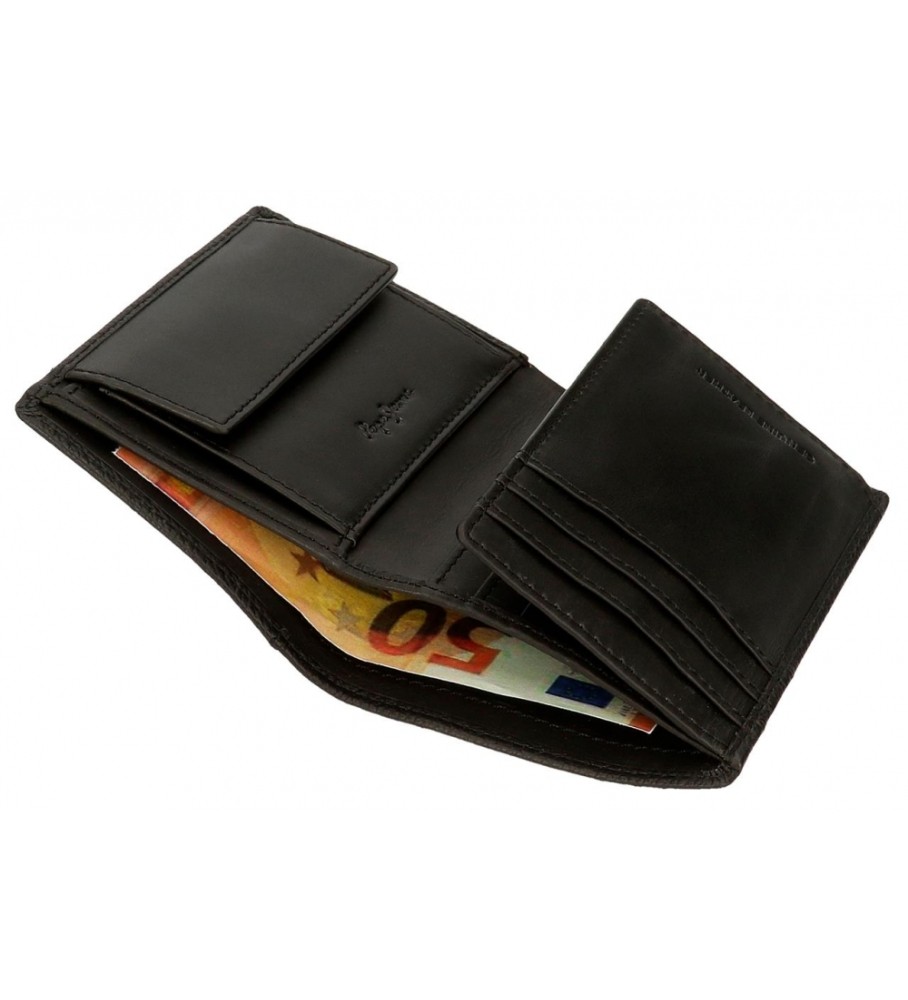 Carteira Pepe Jeans Vertical Checkbox em couro com porta-moedas, preta.