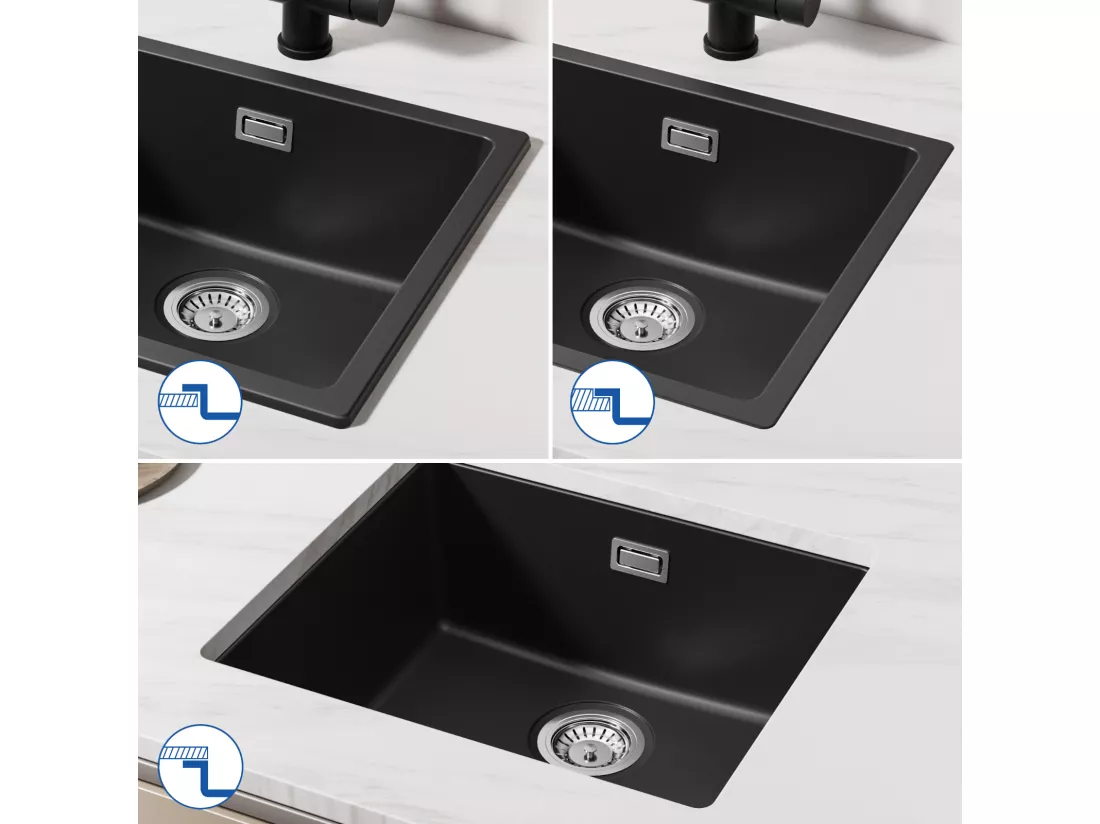 CECIPA MAX Evier 1 Bac en Quartz et Résine Noir Gris 50*44*20cm + Mitigeur de Cuisine avec Douchette Extractible Avec 3 Modes de Sortie D'eau Brossé