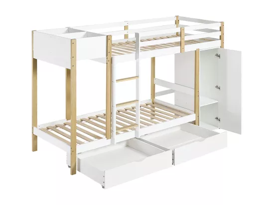 Lit superposé pour enfants 90x200 cm, avec échelle à 3 marches, 2 armoires de rangement, 2 tiroirs sur roulettes, pin + MDF, blanc + naturel