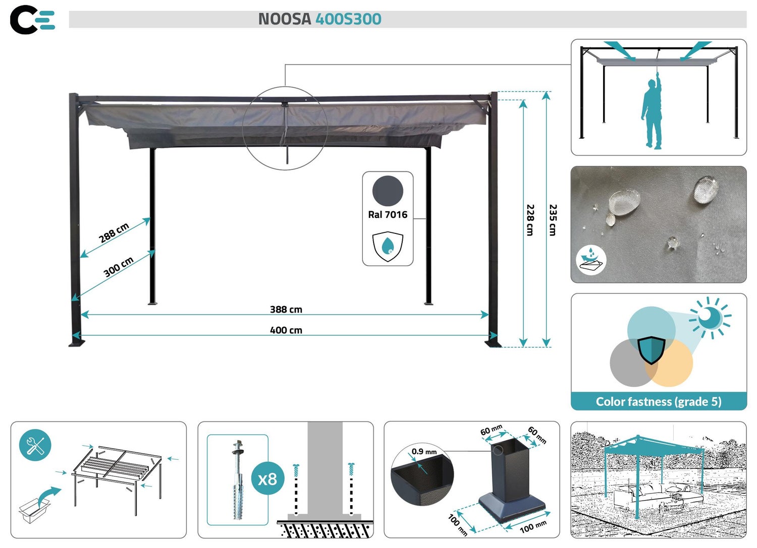 Pergola NOOSA 400S300 Lichtgrijs Vrijstaand
