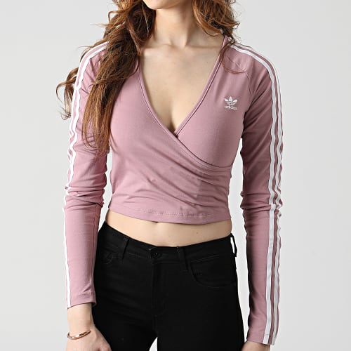 Tee Shirt Manches Longues Crop Femme A Bandes HE4957 Mauve Clair