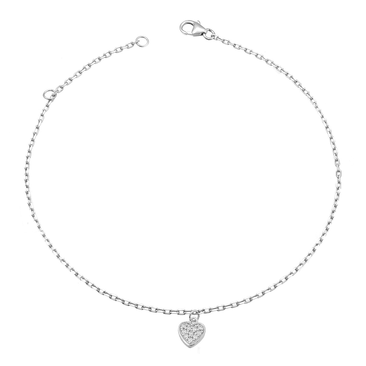Chaîne de cheville coeur pendant serti d'oxydes de zirconium Argent 925 Rhodié