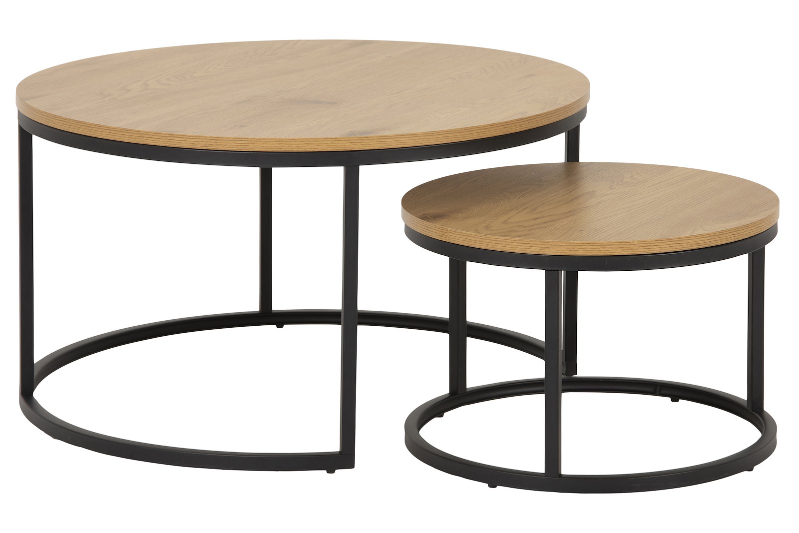 Spiro rundt settbord Eik foliert med sort metall understell. Sett av 2 bord