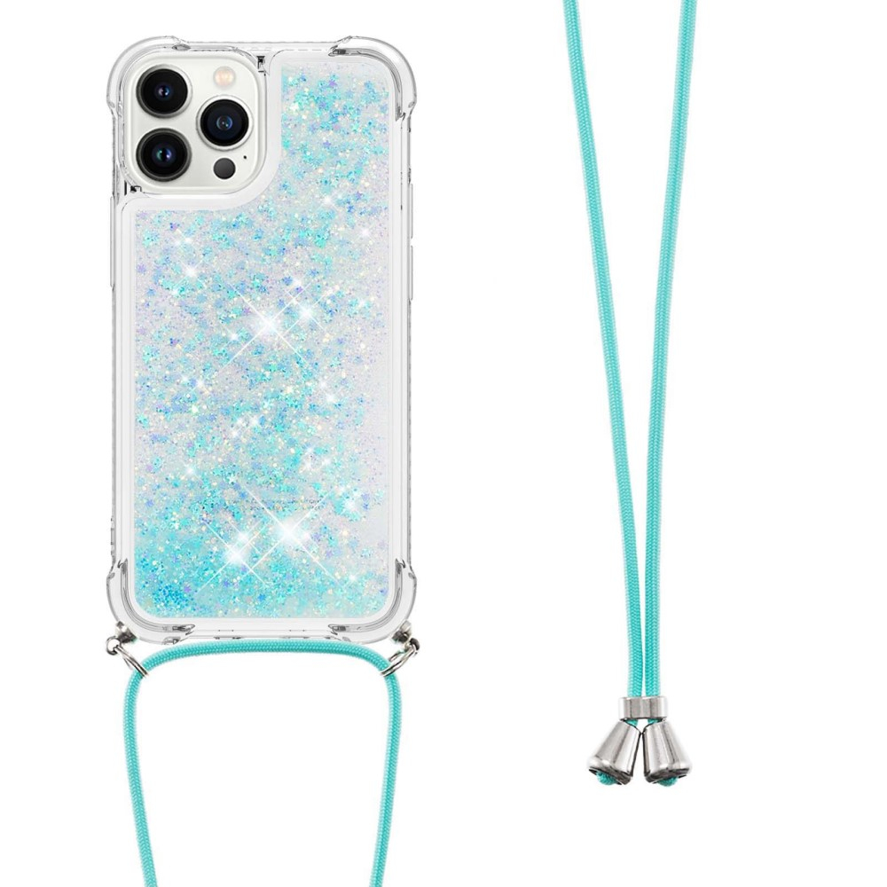 iPhone 14 Pro Max Necklace Gummi Hülle Liquid Glitzer   Handykette (130cm) - Türkis