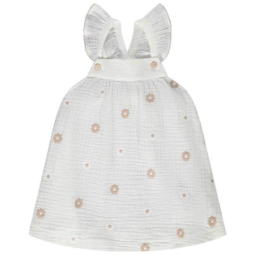 Tunique sans manches en double gaze broderies fleurs pour bébé fille - Ecru