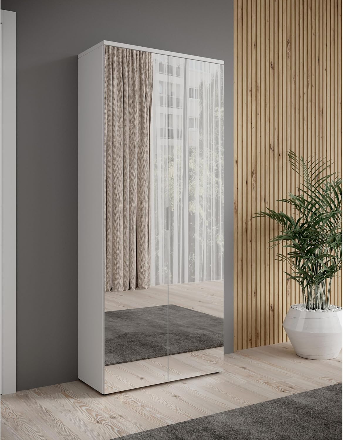 LINCOLN Schuhschrank hoch mit Spiegeltüren, Weiß - Vielseitiger Mehrzweckschrank mit 11 verstellbaren Einlegeböden - 80 x 190 x 35 cm (B/H/T)