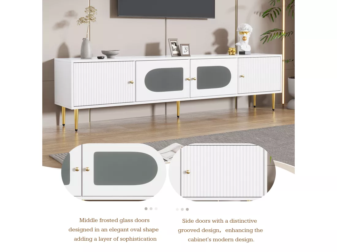 Meuble TV élégant blanc verre courbé avec pieds et poignées dorés 2 portes 170*35*50cm KACCIEN