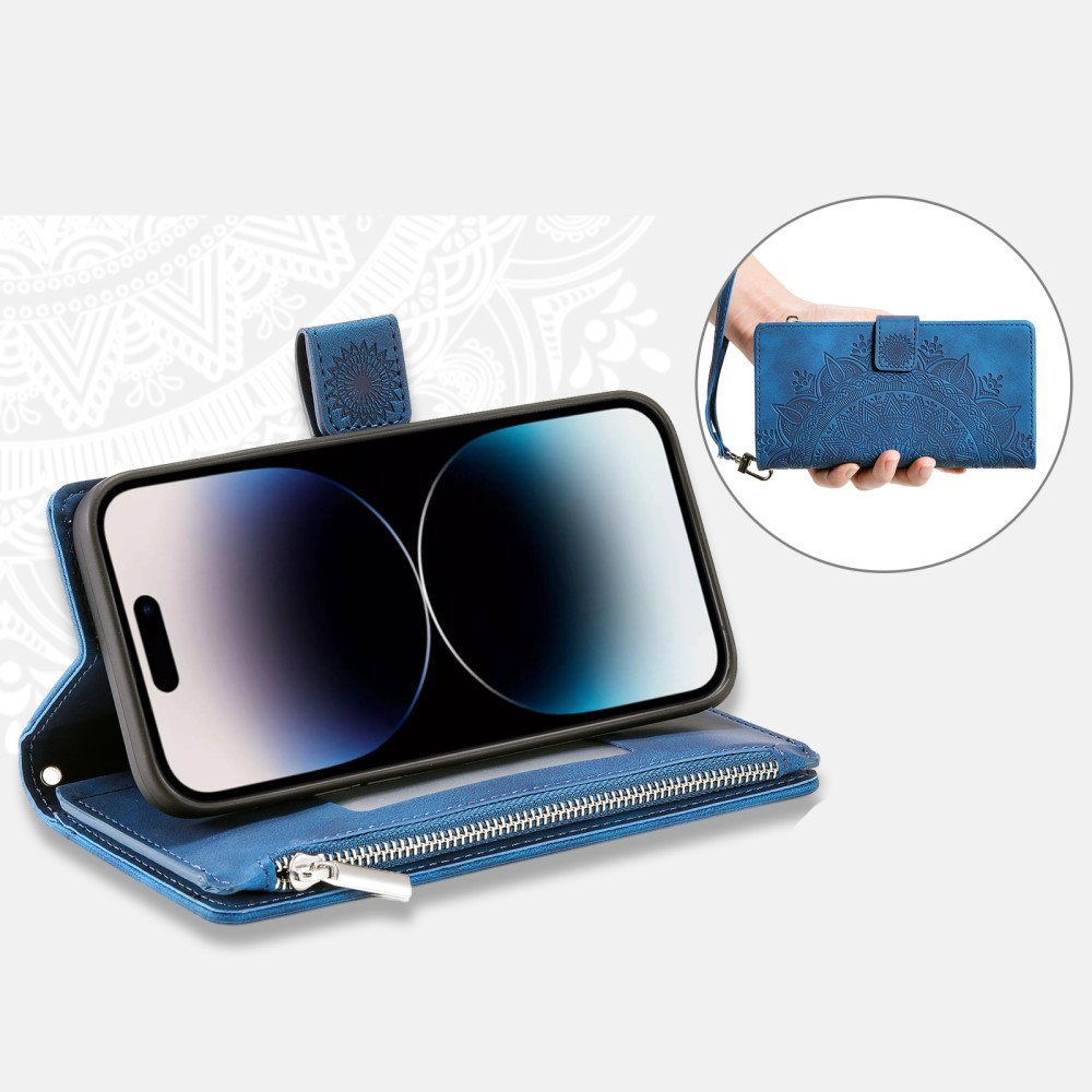 iPhone 16 Leder Tasche Flip Cover mit Reissverschluss - Mandala Flowers Imprint - Blau