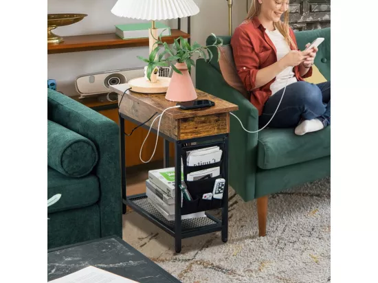Table d'appoint avec Prise d’alimentation, 60 x 30 x 58,5 cm Marron rustique et Noir