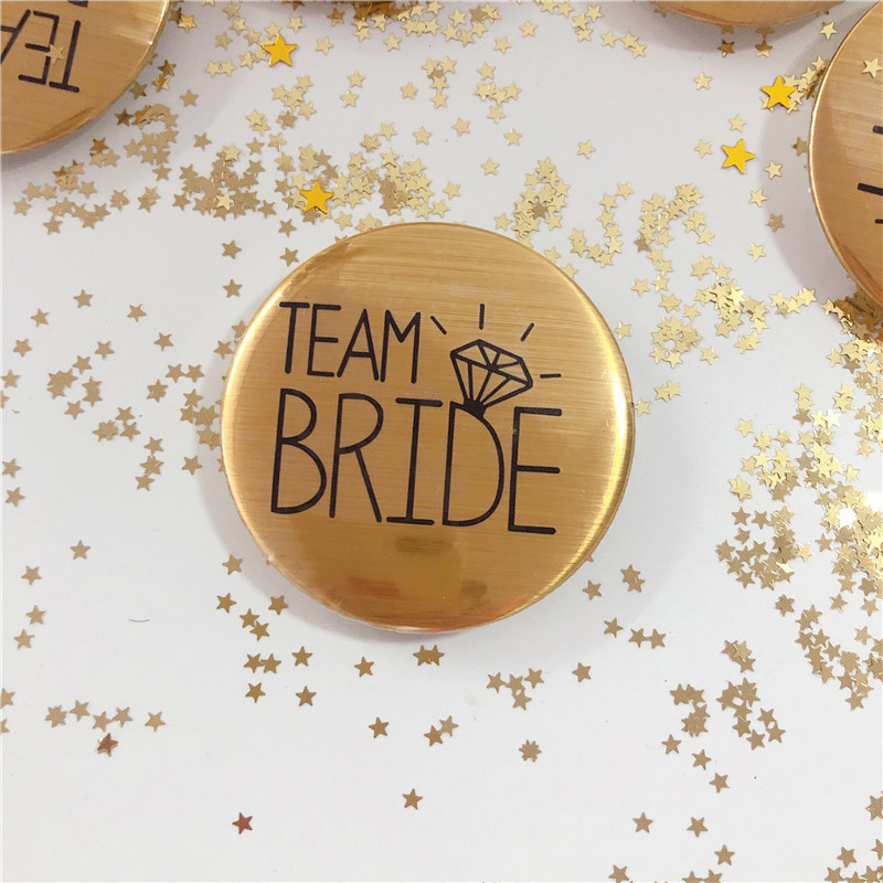 (6er Set) Deko Button Team Bride / Bride To Be Pin Accessoire Junggesellinnenabschied Brosche - Gold / Schwarz