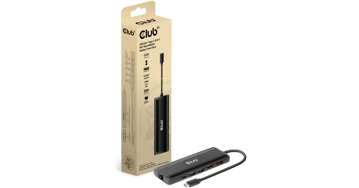 Club 3DUSB Gen 1 Type-C 8-in-1 MST Dual 4K60Hz Display Travel Dock dockingstation  (Zwart)