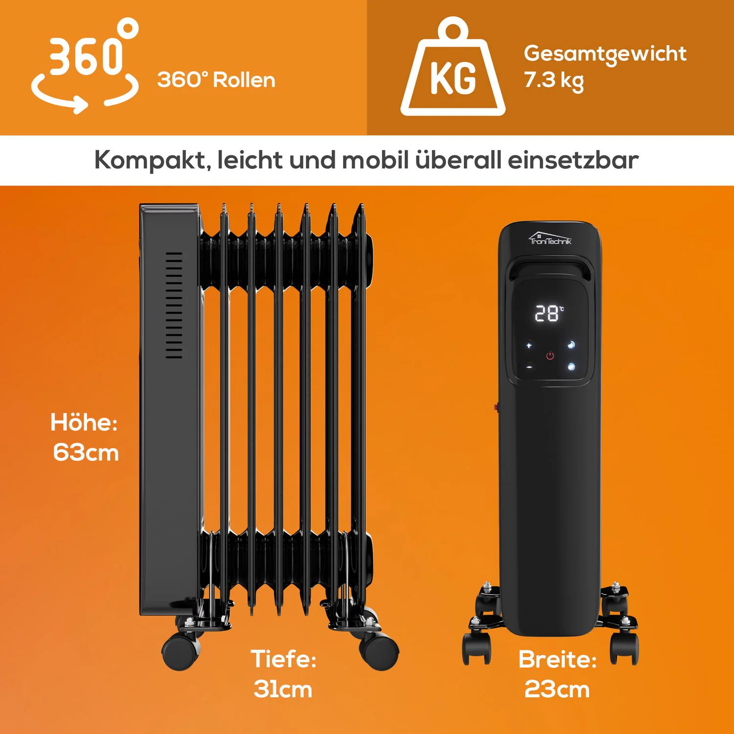 TroniTechnik® Ölradiator Elektroheizung TT-OR 307 in Schwarz mit 7 Rippen und 1500 Watt, drei Heizstufen (600W, 900W, 1500W)