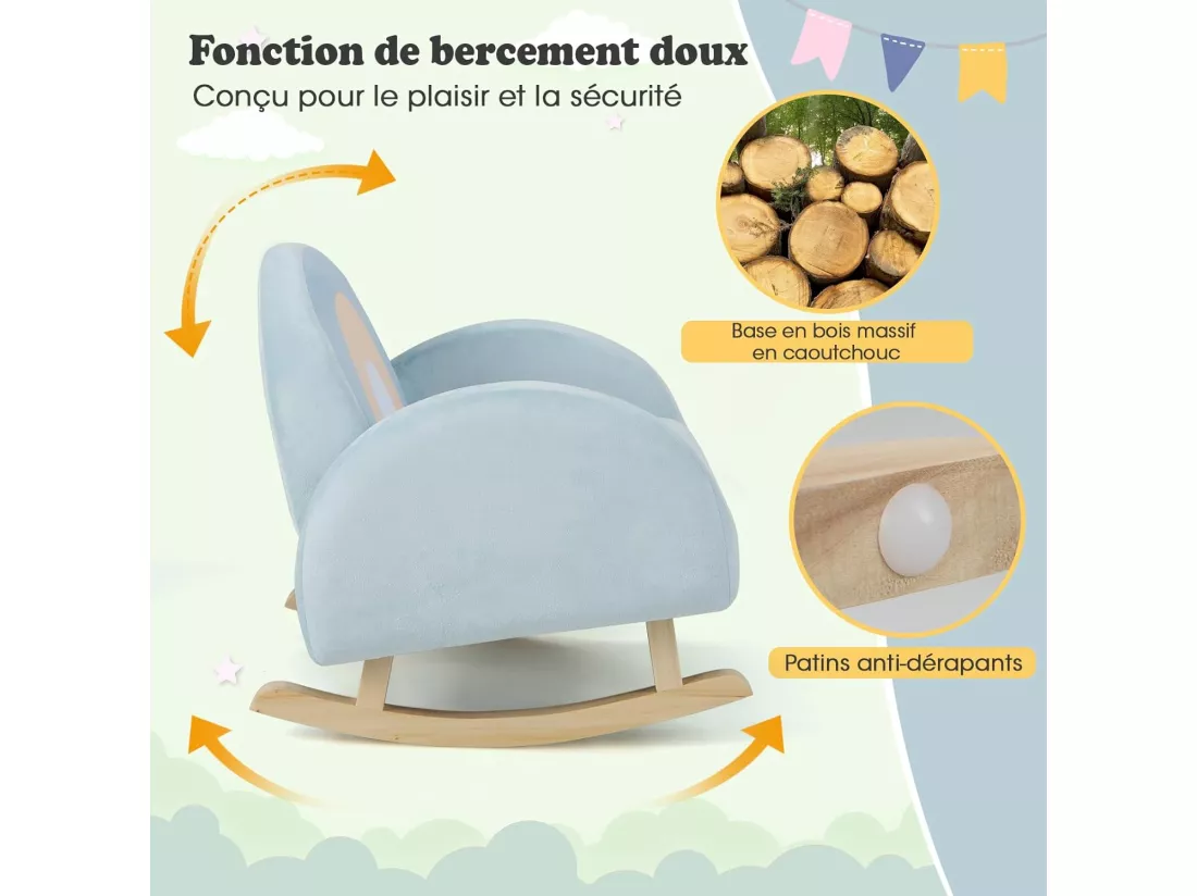 Fauteuil à Bascule Enfant en Peluche avec Dossier & Accoudoirs Confortable, Chaise à Bascule en Bois avec Joli Motif Arc-en-Ciel, Charge 50kg pour Garçon Fille de 0-5 Ans