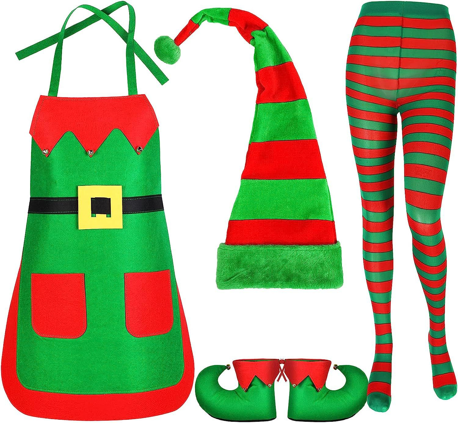 (5-tlg. Set) Christmas Erwachsenen Kostüm Weihnachts Elfen Verkleidung für Motto Partys inkl. Schürze / Strumpfhose / Hausschuhe / Mütze (OneSize)