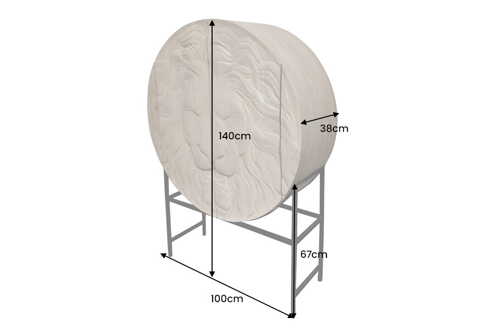 Massives Highboard LION 140cm weiß Mangoholz Metall 3D Schnitzereien Kunstwerk
