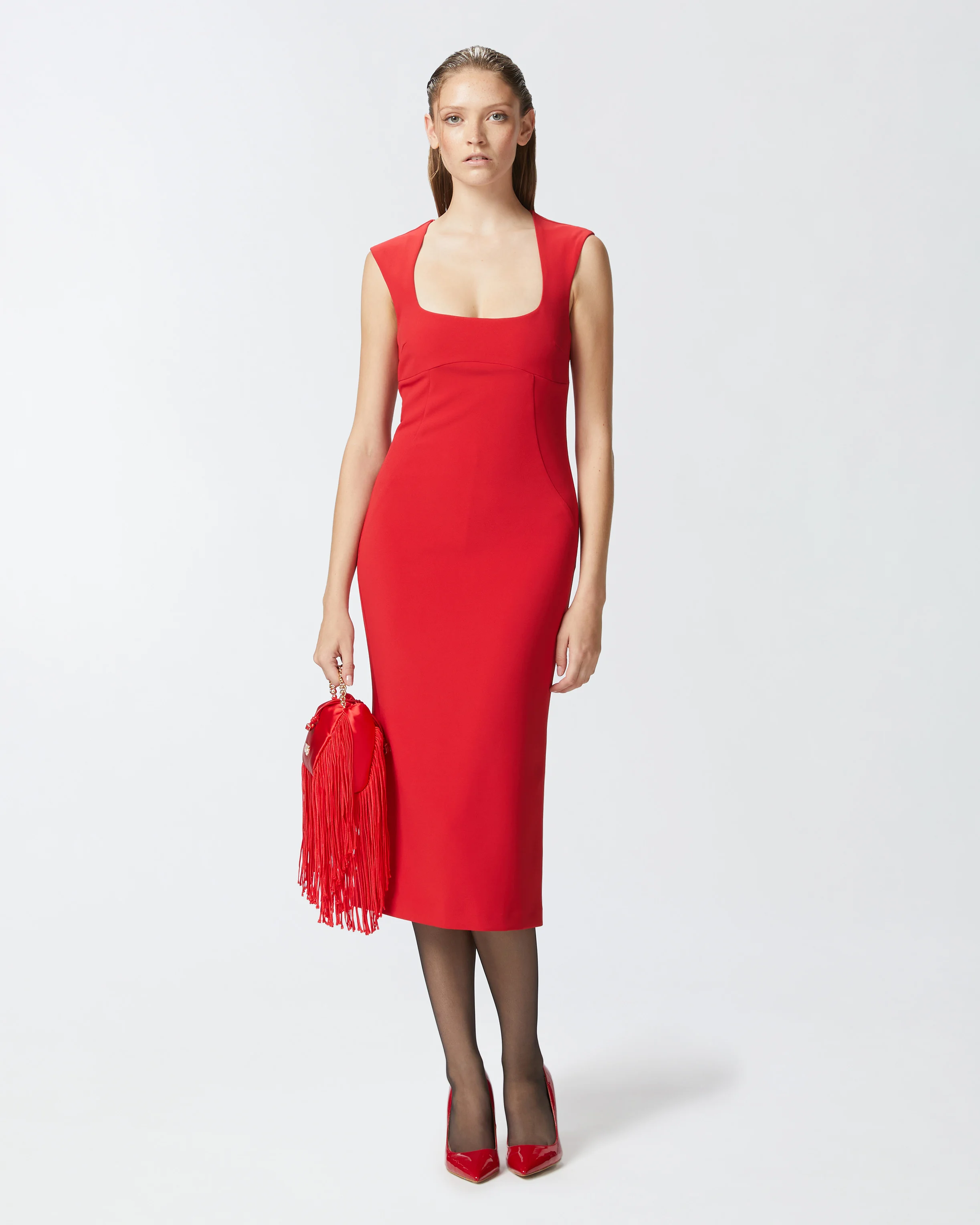 Robe midi en crêpe avec fermeture zippée | Rouge