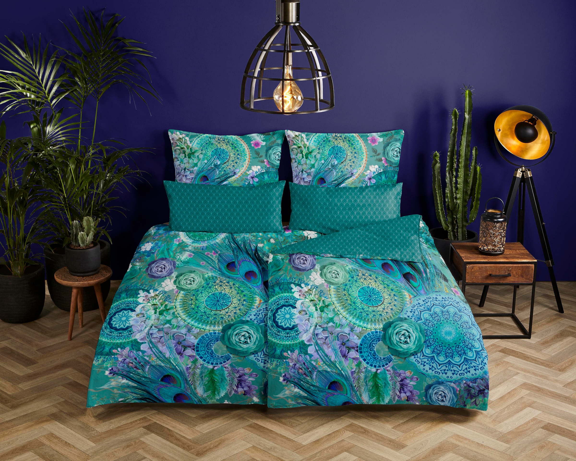 hip Wendebettwäsche »Kari« 2 Stk. tlg. Mako-Satin, 135x200, Reissverschluss, Wendeoptik, Mandala, Federn, Grün
