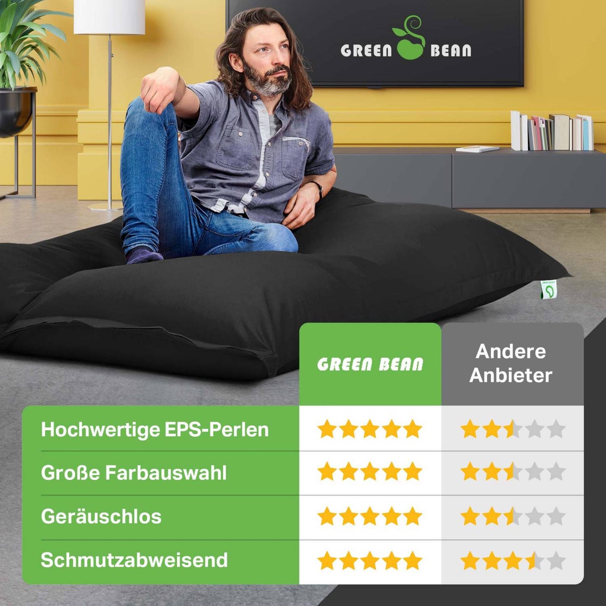 Green Bean Indoor Zitzak XXL 140x180cm 380 Liter Kinderen & Volwassenen Zitzak EPS Kralenvulling Reuze Zitzak Groot Ligbedkussen Zitkussen - Petrol Zwart
