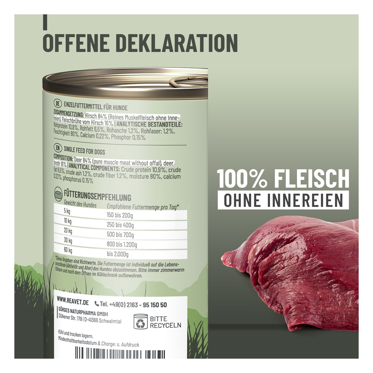REAVET Hunde Nassfutter - Hirsch PUR 6x400 g