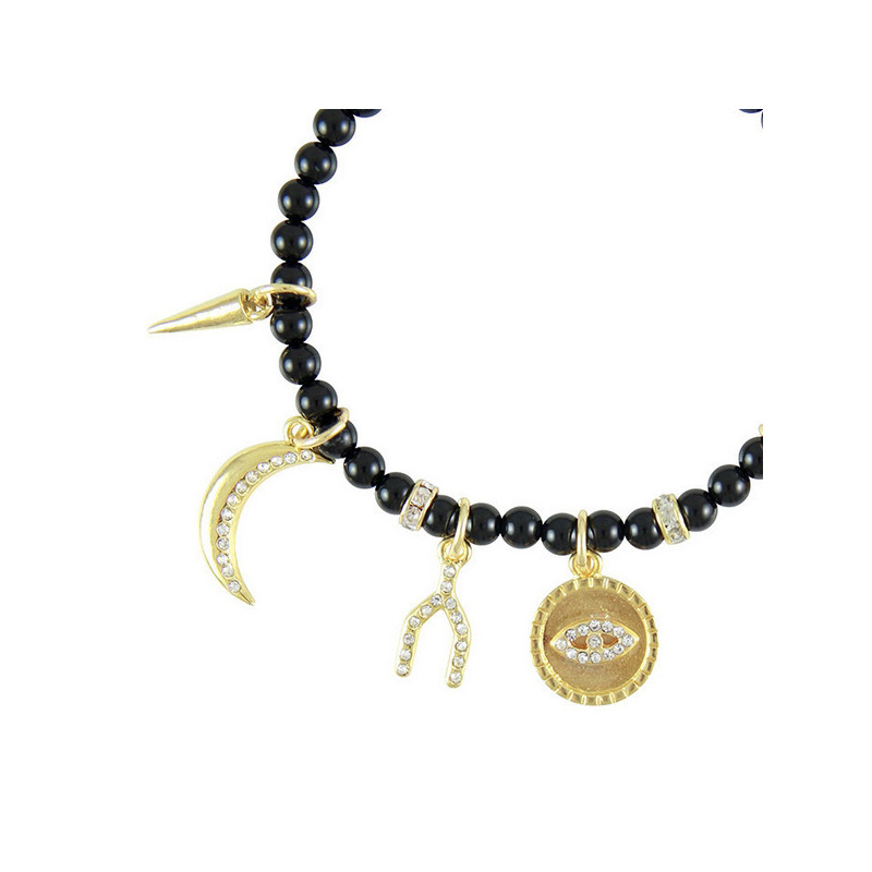 Ettika - Bracelet Stretch en Perles Onyx, Cristal et Charm's Plaqué Or
