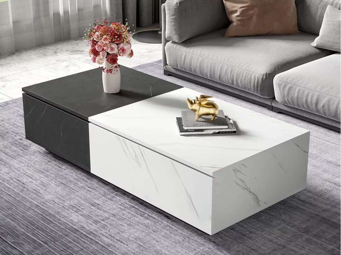 Table basse - 2 portes abattantes - effet marbre - Blanc & Gris