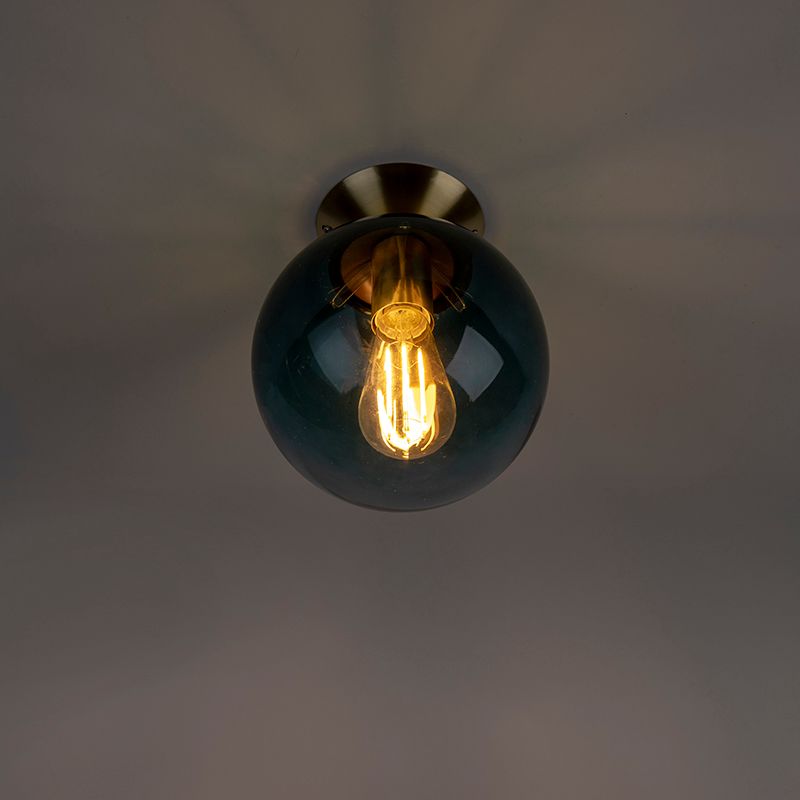 Art deco plafondlamp messing met oceaanblauw glas - Pallon