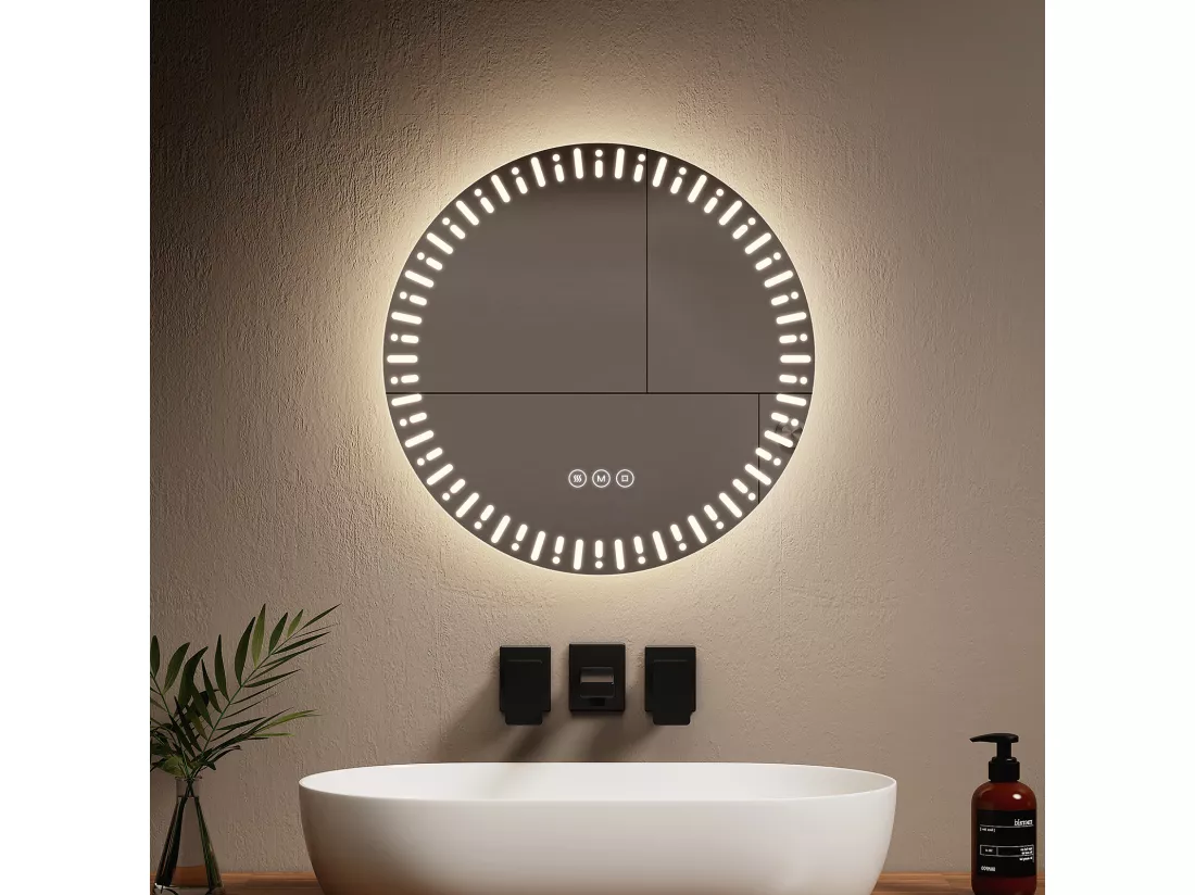 EMKE Miroir led salle de bain ф50 cm Miroir salle de bain lumineux avec 3 Couleurs de lumière réglables+Anti-buée, Économie d'énergie miroir led
