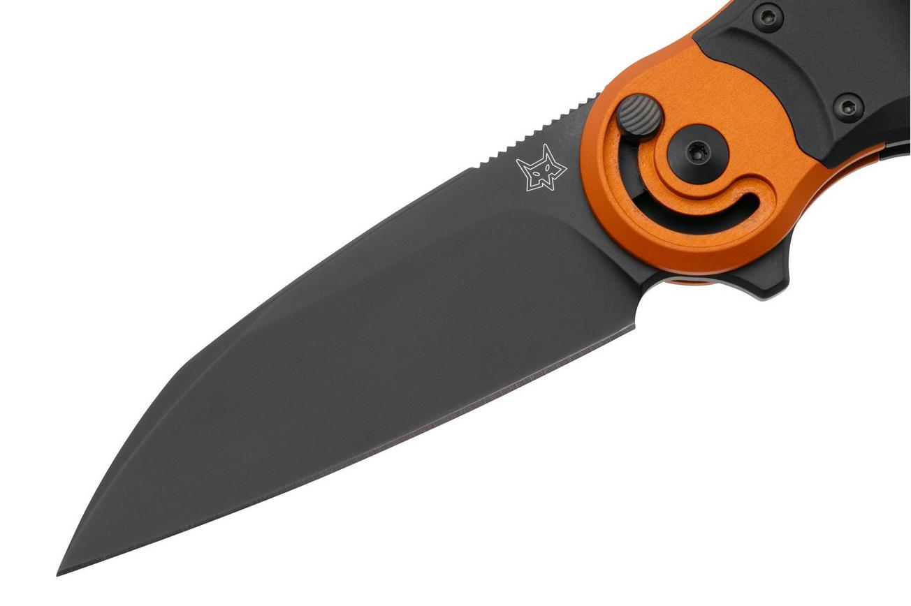 Fox Metamorphosis FX-556-B6, M390 PVD Wharncliffe, Black Aluminium, Orange Aluminium Bolster, zakmes