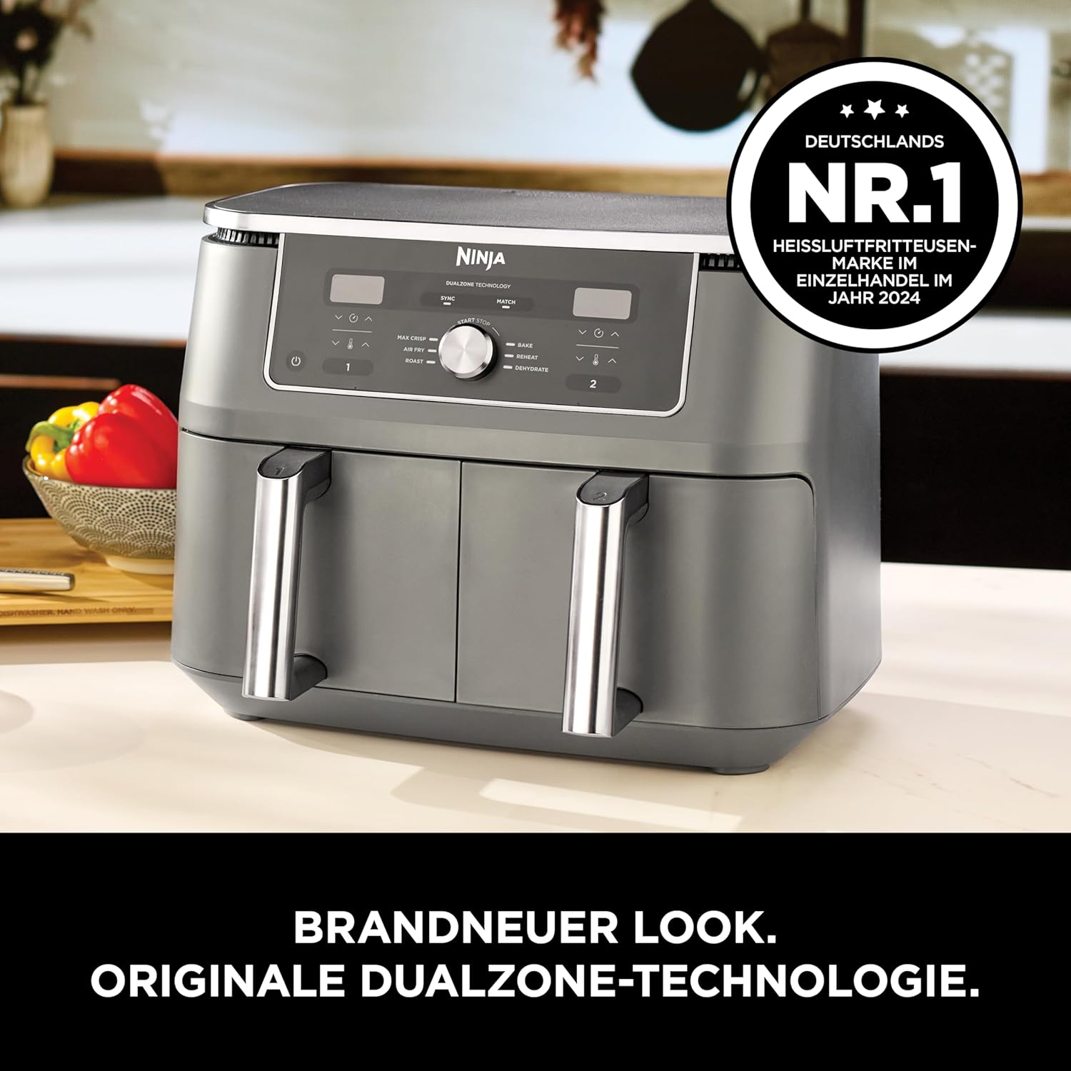 Ninja Dual Zone Digital Air Fryer, 2 Schubladen, 6-in-1, Heißluftfritteuse, 9,5L, Heißluft-Frittieren, Max Crisp, Rösten, Backen, Aufwärmen, Spülmaschinenfeste Körbe, Metallic Grau DZ400EU