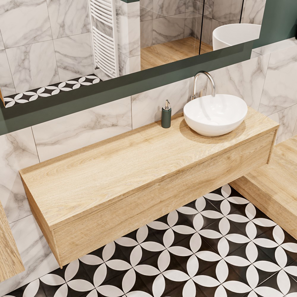 SHOWMODEL: Lush onderkast met topblad 150cm in kleur WASHED OAK met 1 lades Push tot open  geschikt voor rechtse wastafel. Met ovale keramische opzetkom met 1 kraangat(en) in het topblad