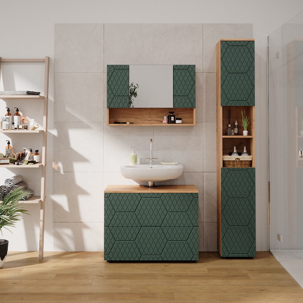 Vicco Badmöbel-Set Irma Eiche Grün 3-teilig Hochschrank Waschbeckenschrank 80 cm