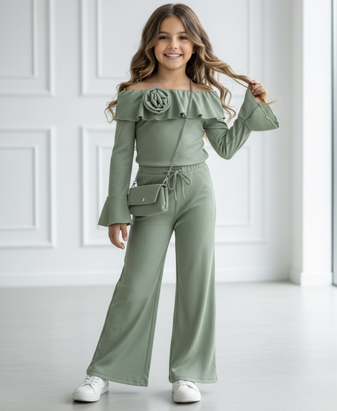 Rosette Off-Shoulder Lounge Set - groen (verzenddatum 2 mrt)