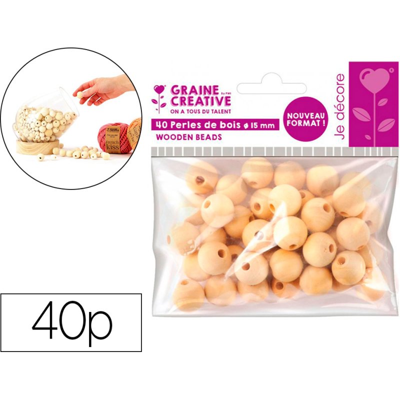Perles en bois graine creative diametre 15mm sachet 40 pieces