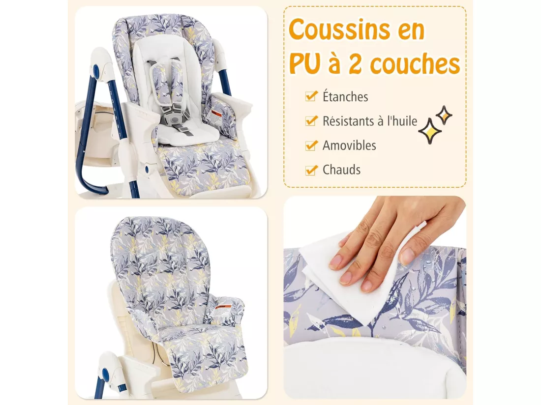 Chaise Haute Bébé Convertible, Chaise Portable pour Tout-Petits avec Double Plateau, Siège Enfant avec Hauteur/Dossier/Repose-Pieds Réglables, Roue Verrouillable, de 6 à 36 Mois (Bleu Marine)