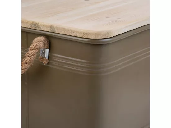 Coffre en métal, couvercle en bois et poignées en corde imprimée verte 60x38x33h cm