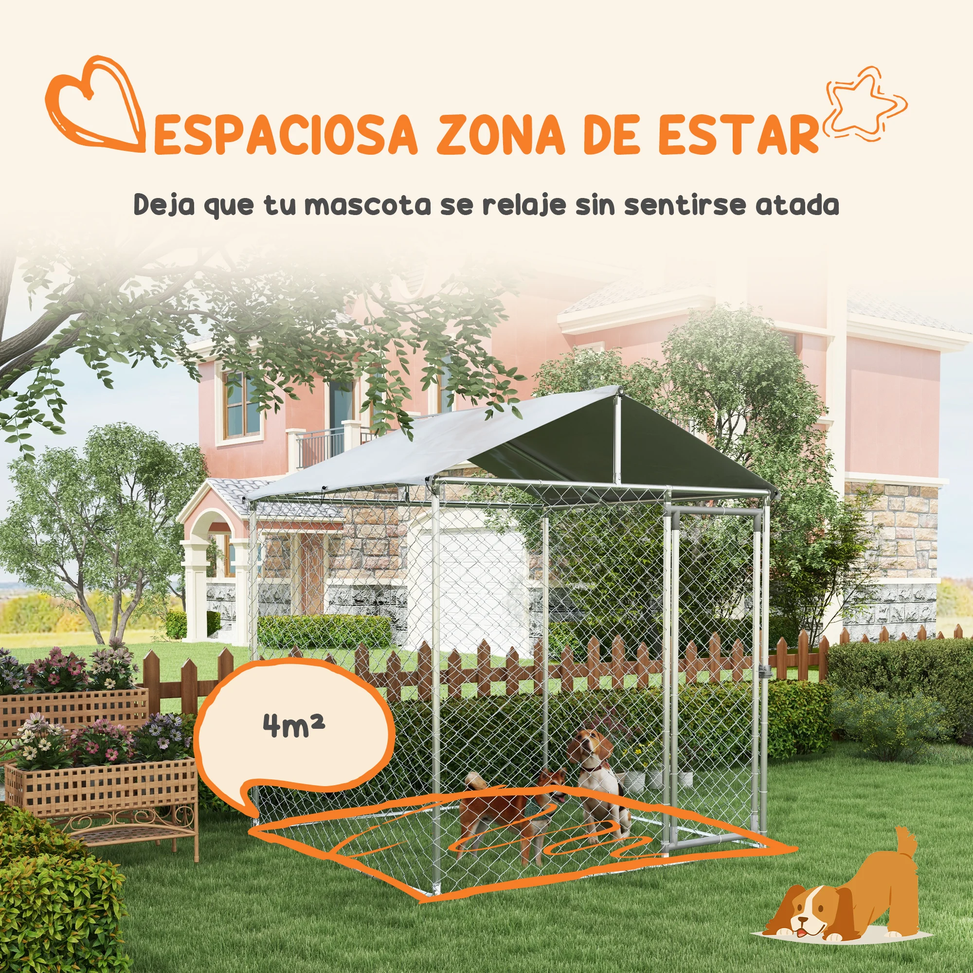 Gaiola externa PawHut para cães de porte médio, cercado para cães com trava, estrutura de aço, cobertura impermeável e resistente aos raios UV, 200x200x150 cm, prata