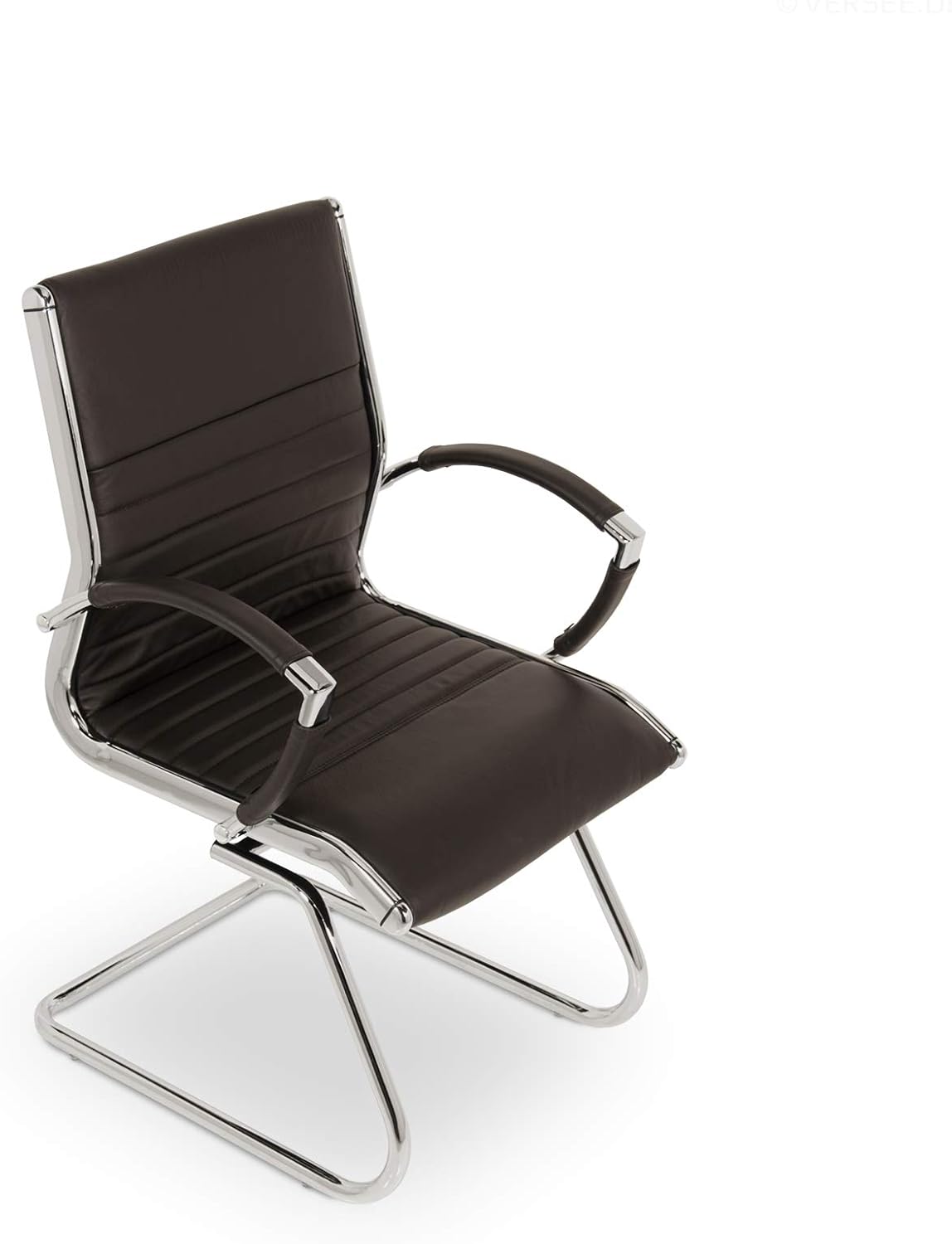 VERSEE Premium Echt-Leder Besucherstuhl Montreal in Braun mit Armlehne - Freischwinger mit Chrom für Büro und Konferenzräume - Belastbar bis 150kg