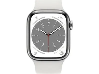 Apple Watch Series 8 (GPS   Cellular) - 41 mm - sølv rustfrit stål - smart ur med sportsbånd - fluoroelastomer - hvid - båndstørrelse: Almindelig - 32 GB - Wi-Fi, Bluetooth, LTE, UWB - 4G - 42.3 g