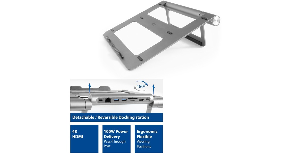 ACT ConnectivityLaptopstandaard met afneembaar USB-C docking station  (Aluminium/grijs)