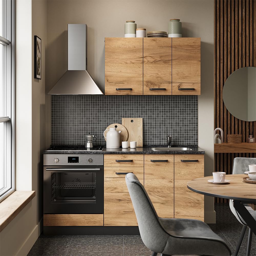 Vicco Singleküche R-Line, Goldkraft Eiche/Anthrazit, 160 cm mit Herdumbauschrank ohne Arbeitsplatte
