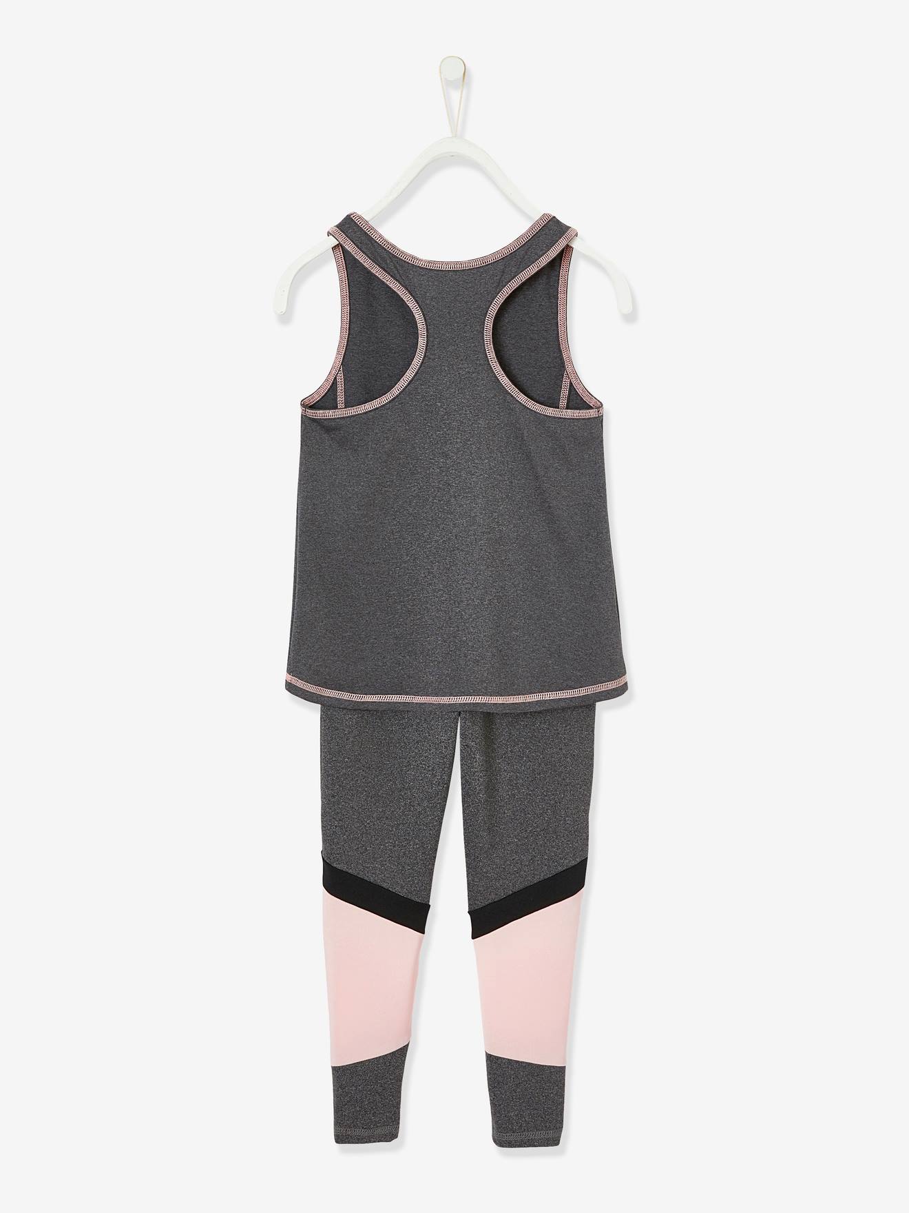 Conjunto esportivo feminino em tecido técnico mesclado cinza escuro, composto por blusa sem mangas e calça legging.